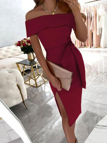 Une Épaule Robe Mi-longue Moulante avec Nœud et Fendu le Côté Mode